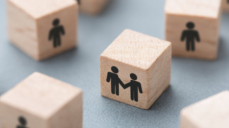 A wooden block with two people holding hands is surrounded by other wooden blocks. Concept of unity and collaboration, as the two people are working together to build somethingの素材