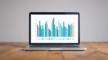 A laptop screen displays a graph with two lines, one blue and one yellow. The blue line is the highest point on the graph, while the yellow line is the lowestの素材