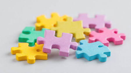 A colorful jigsaw puzzle with a yellow piece on the bottom. The puzzle pieces are arranged in a way that they are not in a straight line, but rather in a scattered mannerの素材