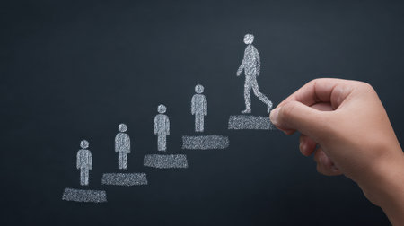 A hand is holding a chalk and drawing a person on a blackboard. The person is on a step, and there are five steps in total. Concept of progress and growth, as the person is climbing up the stepsの素材