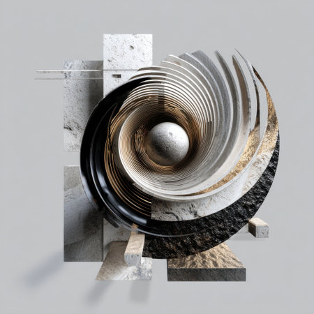 A sculpture of a spiral with a large gold ball in the center. The sculpture is made of different materials and has a modern, abstract feel to it. The use of contrasting colorsの素材