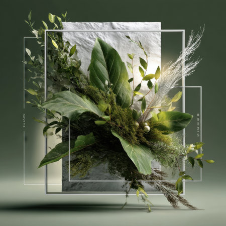 A green and white flower arrangement is displayed in a frame. The frame is made of glass and is placed on a green surface. The arrangement is made up of various types of plants, including fernsの素材