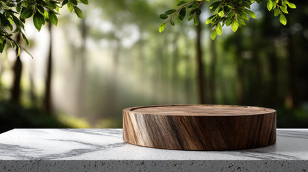 A wooden table with a wooden bowl on it. The bowl is empty and the table is surrounded by treesの素材