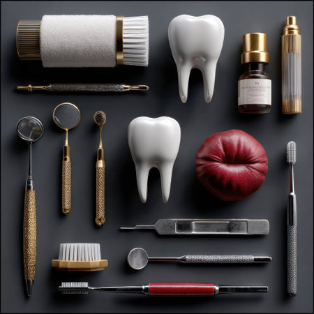 A collection of dental tools and supplies, including a toothbrush, toothpaste, and a bottle of mouthwashの素材