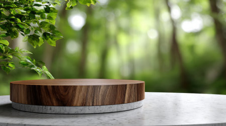 A wooden table with a leafy green background. The table is empty and has a natural, earthy feel to itの素材