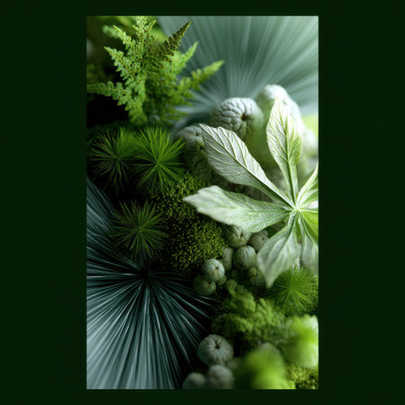 A green and white flower arrangement with a leafy green background. The arrangement is full of life and color, and it gives off a feeling of freshness and vitalityの素材