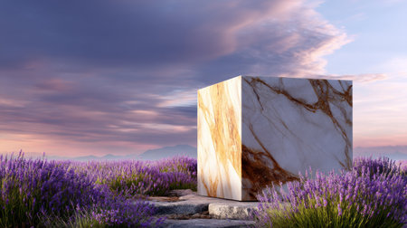 A large white and brown stone box sits in a field of purple flowers. The box is surrounded by lavender bushes, creating a serene and peaceful atmosphere. The combination of the boxの素材