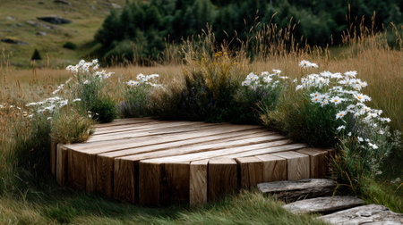 A wooden deck with a stone path leading to it. The deck is surrounded by a variety of flowers, including daisies. The scene has a peaceful and serene atmosphere, with the flowersの素材