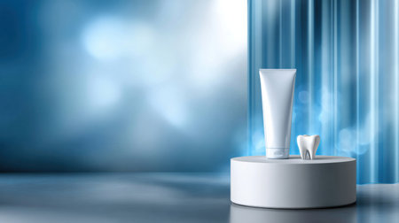 A tube of toothpaste and a toothbrush are displayed on a pedestal. The image conveys the importance of dental hygiene and the need to take care of one's teethの素材