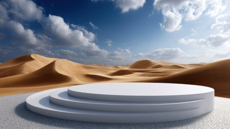 A desert scene with a large white structure in the middle. The structure is a stage or podium, and the desert landscape is vast and empty. The sky is cloudy, and the sun is shiningの素材