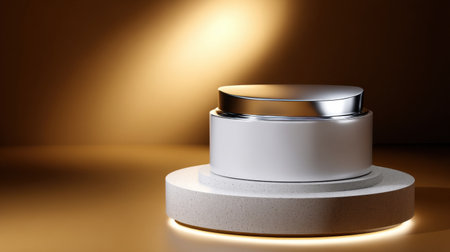 A white container with a silver lid sits on a round pedestal. The container is empty and the pedestal is made of concrete. The scene is set in a room with a warm, yellowish-orange hueの素材