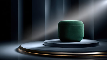 A green object sits on a pedestal in a dark room. The object is small and round, and it is a piece of furniture. The room is dimly lit, which creates a mysterious and intimate atmosphereの素材