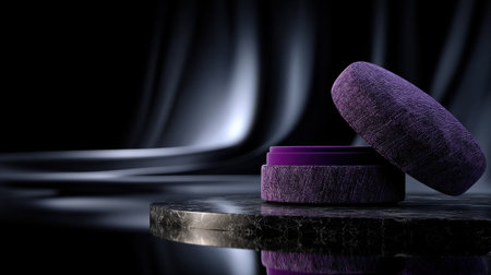 A purple object is sitting on a black surface. The object is a small, round container with a purple lid. The container is placed on a marble surface, and the background is a dark, moody colorの素材