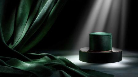 A green curtain is draped over a table with a small green object on top of it. The curtain and the object create a sense of elegance and sophisticationの素材