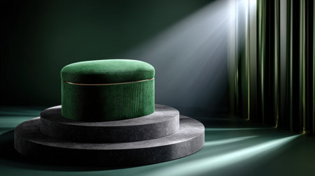 A green ottoman sits on a pedestal in front of a curtain. The ottoman is surrounded by a green and black color scheme, giving the impression of a modern and sophisticated designの素材