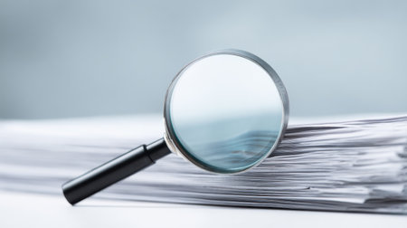 A magnifying glass is on top of a stack of papers. Concept of curiosity and investigation, as the magnifying glass is often used to examine small details or uncover hidden informationの素材