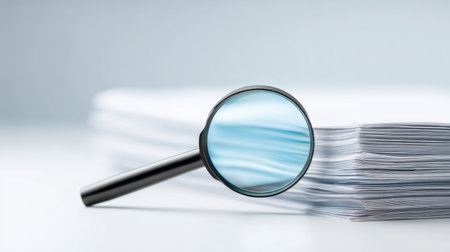 A magnifying glass is on top of a stack of papers. Concept of curiosity and investigation, as the magnifying glass is often used to examine small details or uncover hidden informationの素材