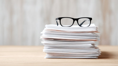 A stack of papers with a pair of glasses on top. The glasses are black and the stack of papers is whiteの素材