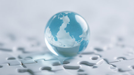 A clear globe is sitting on a white puzzle piece. The globe is blue and has a reflective surface. Concept of curiosity and wonderの素材