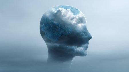 A head with a cloud in the background and a computer chip in the middle. Concept of technology and the human brainの素材