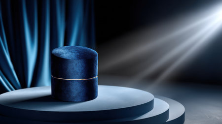 A blue velvet object sits on a pedestal in front of a curtain. The object is small and round, and it is a piece of jewelry. The curtain behind the object creates a sense of mystery and intrigueの素材