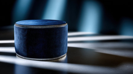 A blue velvet round object with a gold rim sits on a table. The object is small and has a shiny surfaceの素材