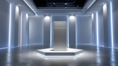 A large silver refrigerator is on display in a white room with a blue light. The room is empty and the refrigerator is the only object in the spaceの素材