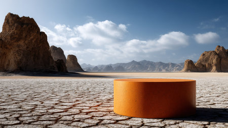 A large orange sphere sits in the middle of a desert. The desert is barren and rocky, with no vegetation in sight. The sky is clear and blue, with a few clouds scattered throughoutの素材