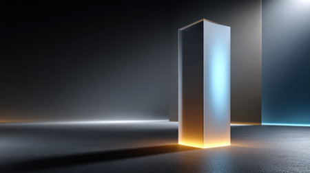 A tall white pillar with a light shining on it. The light is orange and yellow. The image has a moody and mysterious feel to itの素材