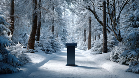 A snowy forest with a black podium in the middle. Concept of tranquility and calmness, as the snow-covered trees and the podium create a peaceful atmosphereの素材