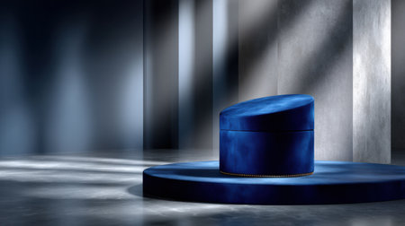 A blue chair is sitting on a round pedestal. The chair is the main focus of the image, and it is a modern design. The blue color of the chair and the pedestal creates a sense of calmnessの素材