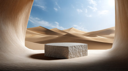 A square stone structure sits in the middle of a desert. The desert is vast and empty, with no signs of life. The stone structure is the only thing that stands out in the sceneの素材