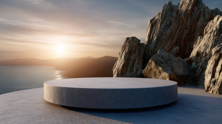 A large, round stone platform sits on a rocky cliff overlooking the ocean. The sun is setting, casting a warm glow over the scene. The platform is emptyの素材