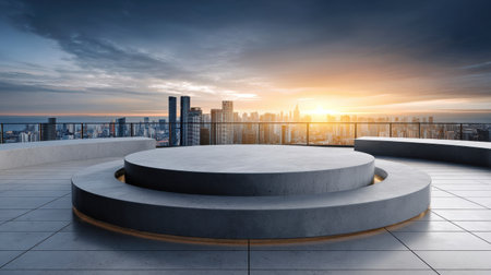 A large, empty, concrete platform with a city skyline in the background. The platform is circular and has a sun setting in the backgroundの素材