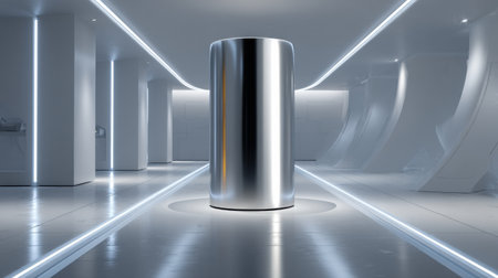 A large silver cylinder is the focal point of the room. The room is empty and features a lot of white walls and floors. The silver cylinder is surrounded by a lot of light, which makes it stand outの素材