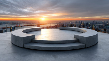 A large, empty circular plaza with a view of the city and a sunset in the background. The plaza is made of concrete and has steps leading up to itの素材