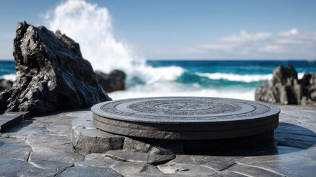 A large stone circle is on a beach next to the ocean. The stone circle is surrounded by water and rocks. The scene is calm and peaceful, with the waves gently lapping at the shoreの素材