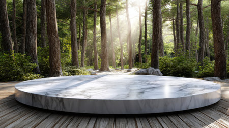 A large marble table sits in a forest clearing. The table is surrounded by trees and rocks, and the sunlight is shining on it, creating a peaceful and serene atmosphereの素材