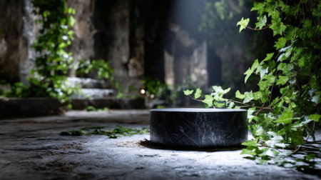 A black stone bowl sits on a concrete floor in a dark, overgrown area. The bowl is surrounded by green ivy, which adds a sense of mystery and intrigue to the scene. Scene is one of solitudeの素材