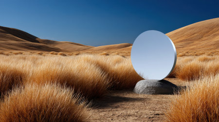 A large white circle is sitting on a rock in a field of tall grass. The scene is serene and peaceful, with the circle reflecting the surrounding landscape in a mirror-like effectの素材