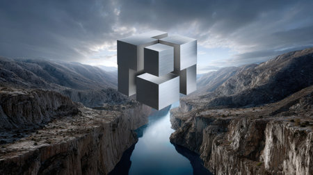 A mountain range with a river flowing through it. The image is a cube made of blocks. The cube is floating above the river and mountains. The cube is made of silver and is surrounded by a blue skyの素材