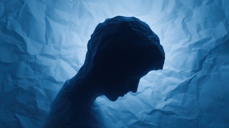 A man's head is shown in a blue background. The man is looking down and he is in a state of deep thought. Scene is contemplative and introspectiveの素材