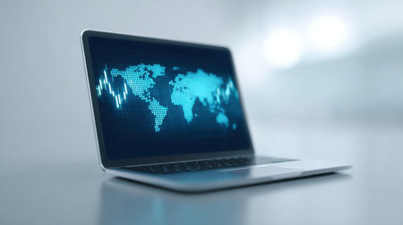 A laptop computer screen shows a map of the world with blue and white colors. The laptop is open and placed on a tableの素材