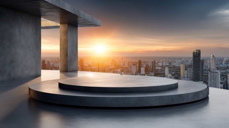 A large city with a large building in the background. The sun is setting and the sky is orangeの素材