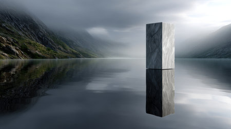 A large stone is floating in the water. The stone is surrounded by a calm lake with mountains in the background. The scene is serene and peaceful, with the stone standing out as a focal pointの素材