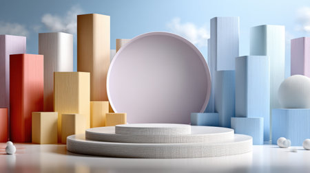 A white pedestal with a round base and a blue and white building in the background. The pedestal is surrounded by colorful cubes and a white ball. The scene is a display of architecture and designの素材