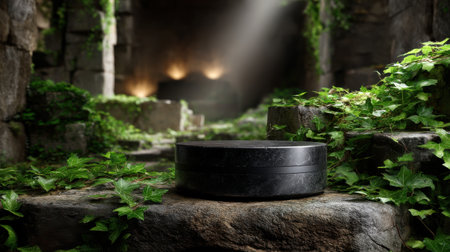 A black object sits on a rock in a lush green environment. The object is surrounded by vines and he is a hockey puck. Concept of mystery and intrigueの素材