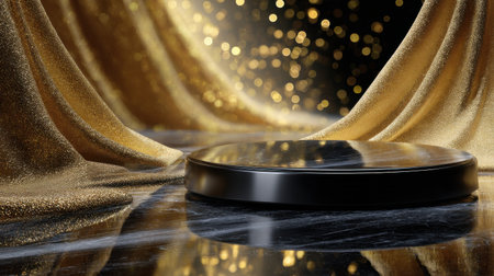 A black pedestal with a gold curtain draped over it. The scene is set in a room with a dark background, giving it a luxurious and elegant feelの素材