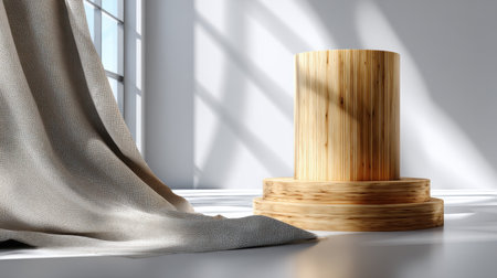 A wooden column sits in front of a curtain. The curtain is white and has a pattern. The room is empty and the sunlight is shining through the windowの素材