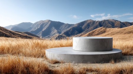A large, empty, round stone pedestal sits in a field of tall grass. The empty pedestal is surrounded by a barren landscape, with no other objects or people in the scene. Scene is one of solitudeの素材